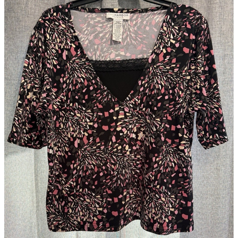 Sag Harbor Stretch Blouse Built in Lace Trim Tank Womans Large‎ 1/2 Sleeve